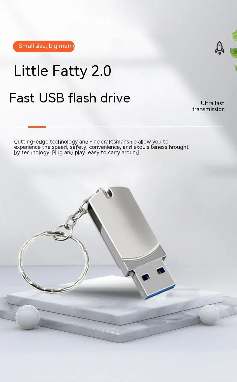 White metal rotating USB flash drive showing compact size next to protective pp bag