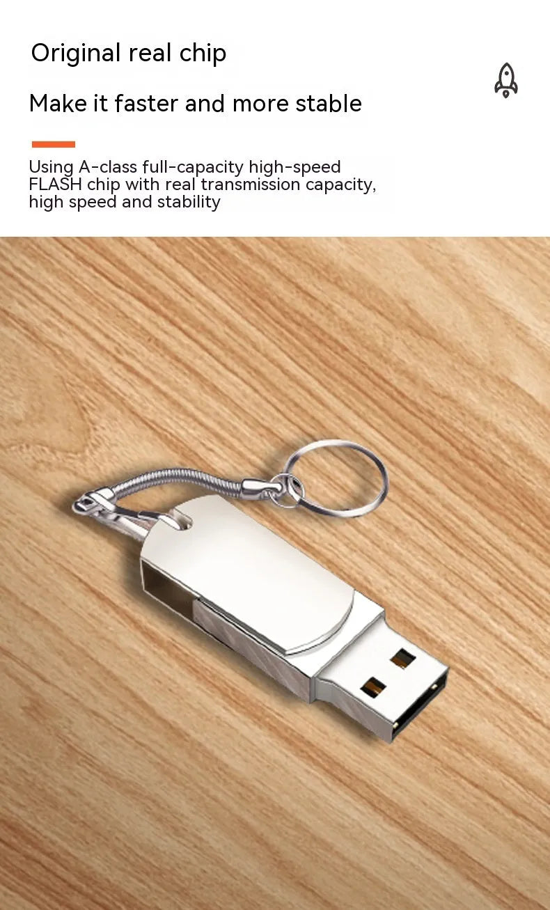 White metal rotating USB flash drive showing compact size next to protective pp bag