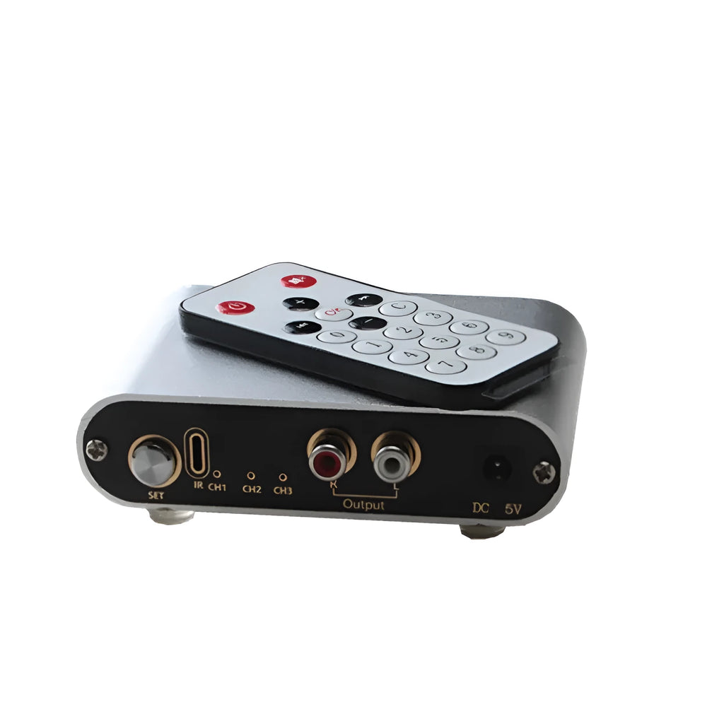 Silver audio source switch unit with remote control for managing multiple audio inputs and outputs