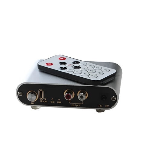 Silver audio source switch unit with remote control for managing multiple audio inputs and outputs