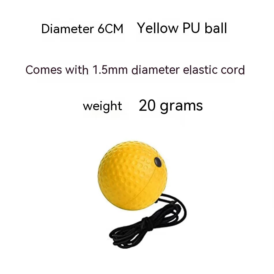 Head-mounted boxing reaction training ball with knitted and rubber adjustable headbands, shown with red, green, and yellow PU balls.