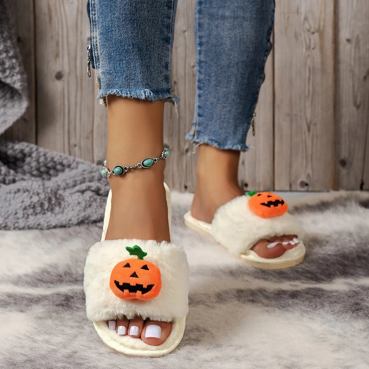 Yellow and white Halloween pumpkin cartoon design plush open-toe slippers with synthetic fur