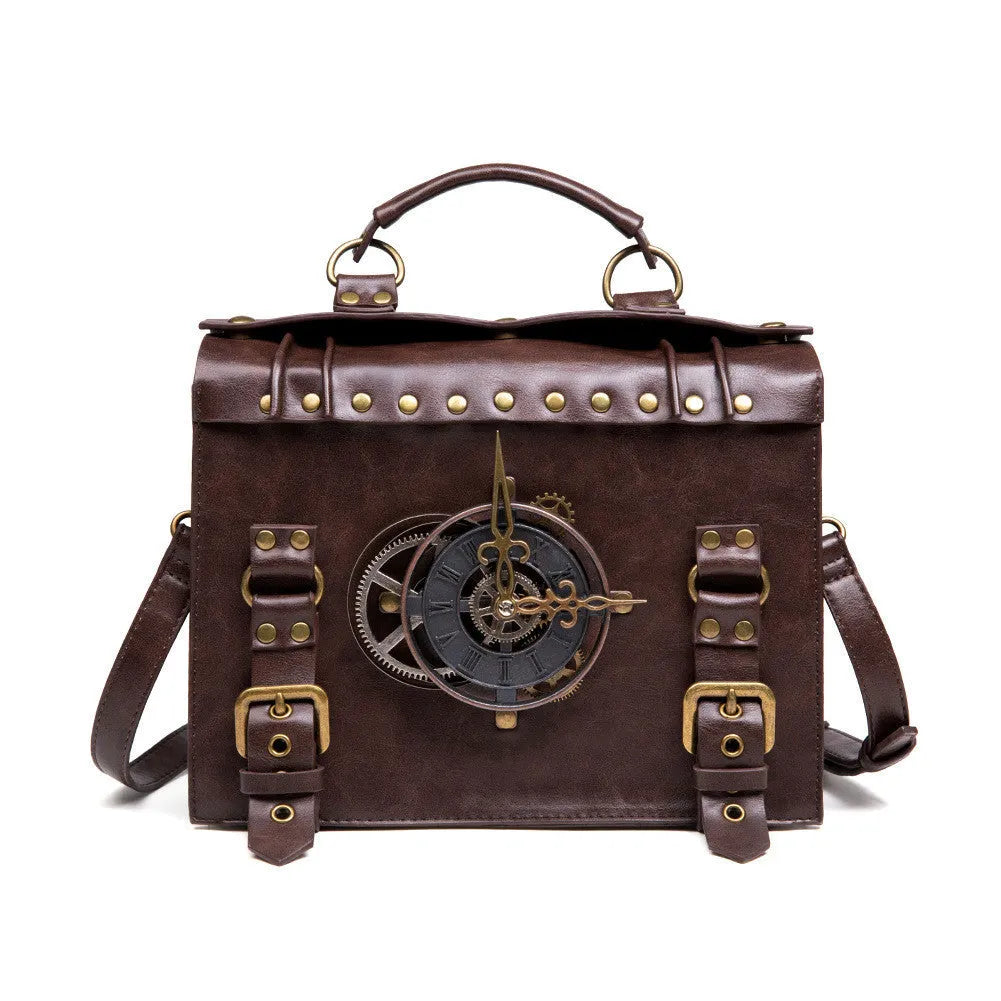 Bronze steampunk industrial retro shoulder bag with pillow shape and metal details