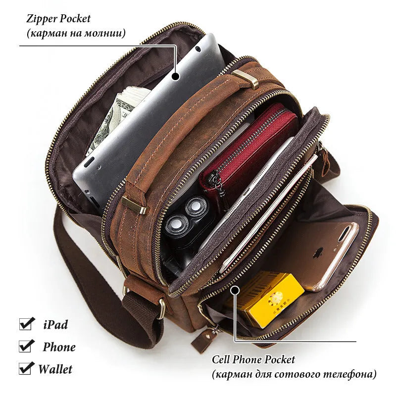 Men's brown leather crossbody bag with single-shoulder design showing sewing line details and business travel style