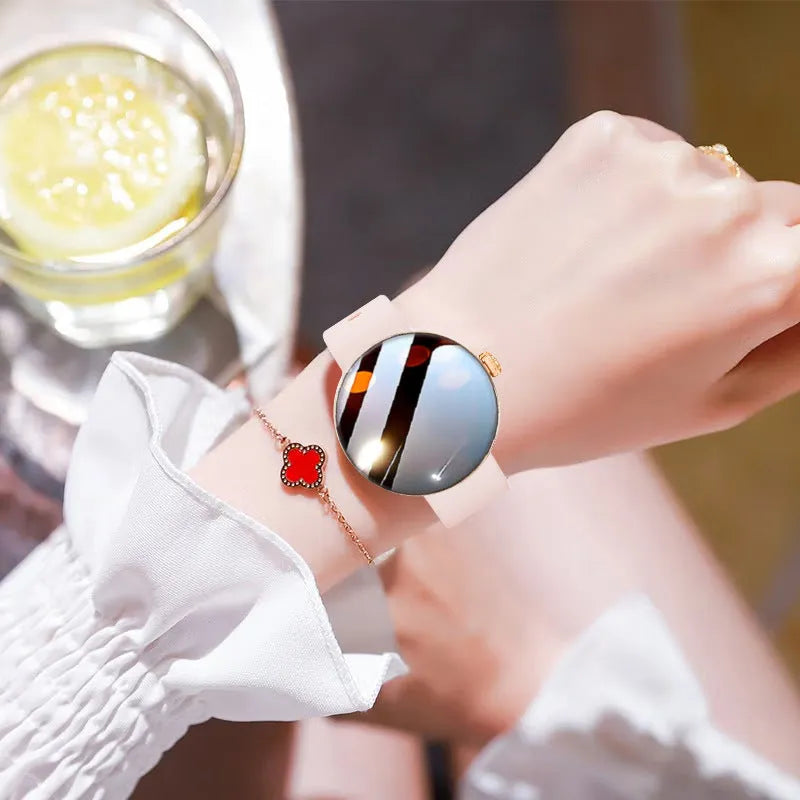 Women's smart watch with circular colour screen and metal strap in black, gold, or silver steel options