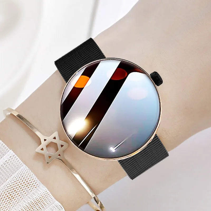 Women's smart watch with circular colour screen and metal strap in black, gold, or silver steel options