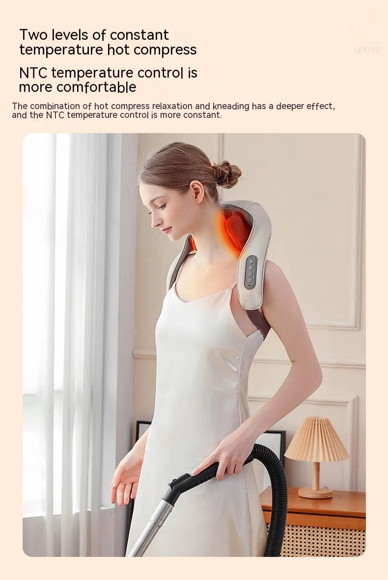 Milky white rechargeable shoulder and neck kneading massager with infrared function.
