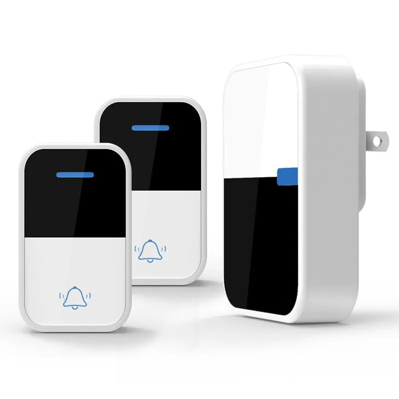 White plastic wireless doorbell system with receiver and transmitter components for long-distance home use