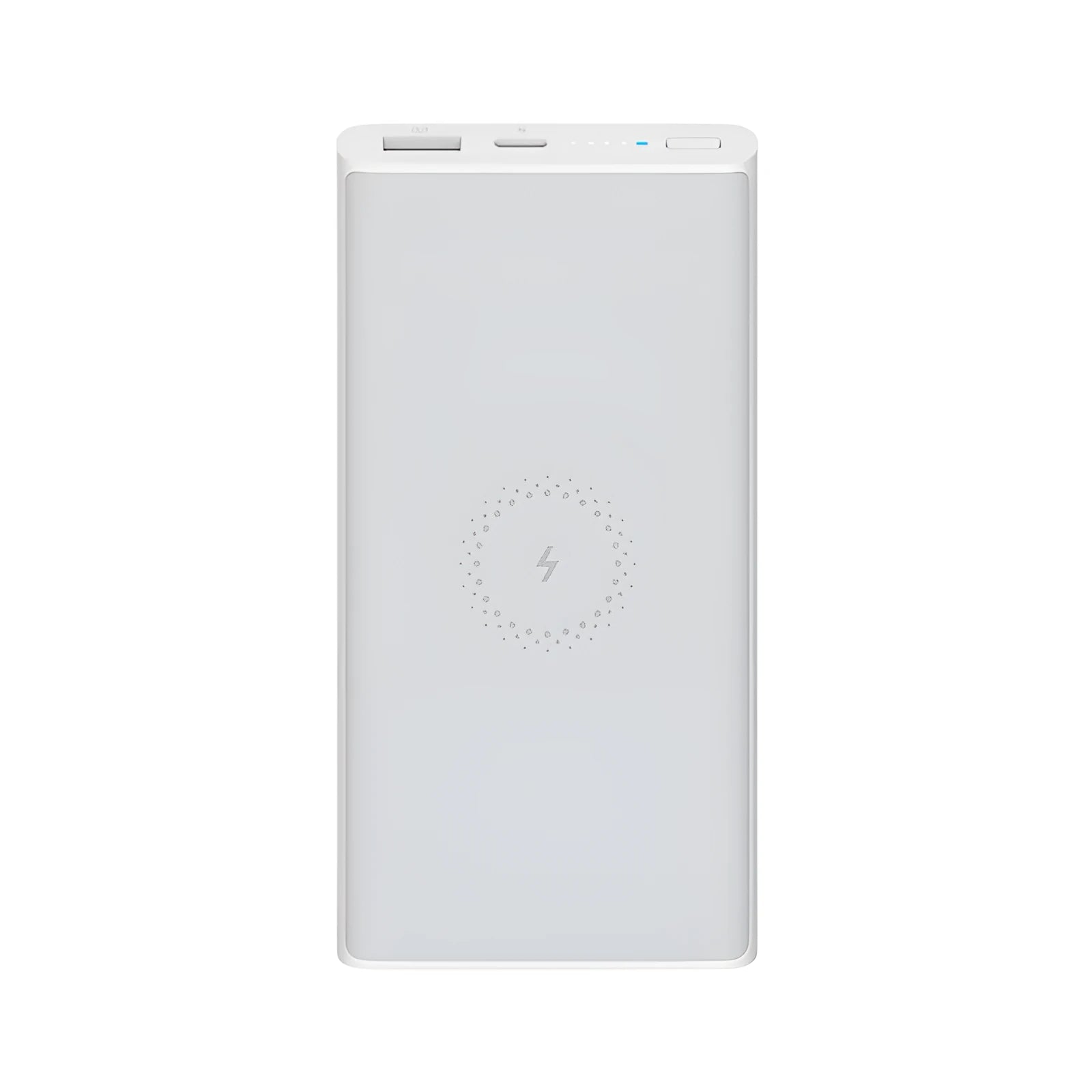 White and black 10000mAh power bank with USB Type-C port and wireless charging surface.