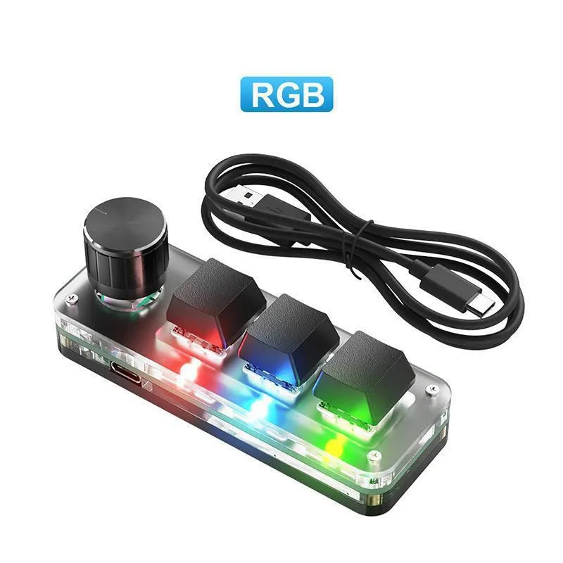 Black programmable mechanical keypad with RGB backlit keys for copy paste shortcuts