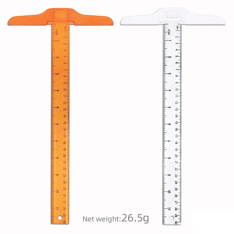 30cm transparent plastic T-shaped ruler with dual centimetre and British imperial measurement scales