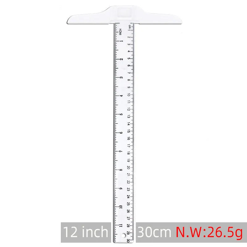 30cm transparent plastic T-shaped ruler with dual centimetre and British imperial measurement scales