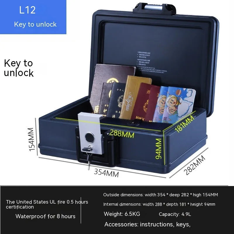 L12 model portable small password safe made of steel with a mechanical combination lock.