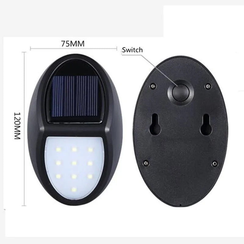 Black solar-powered LED wall light with automatic sensor measuring 75mm by 120mm