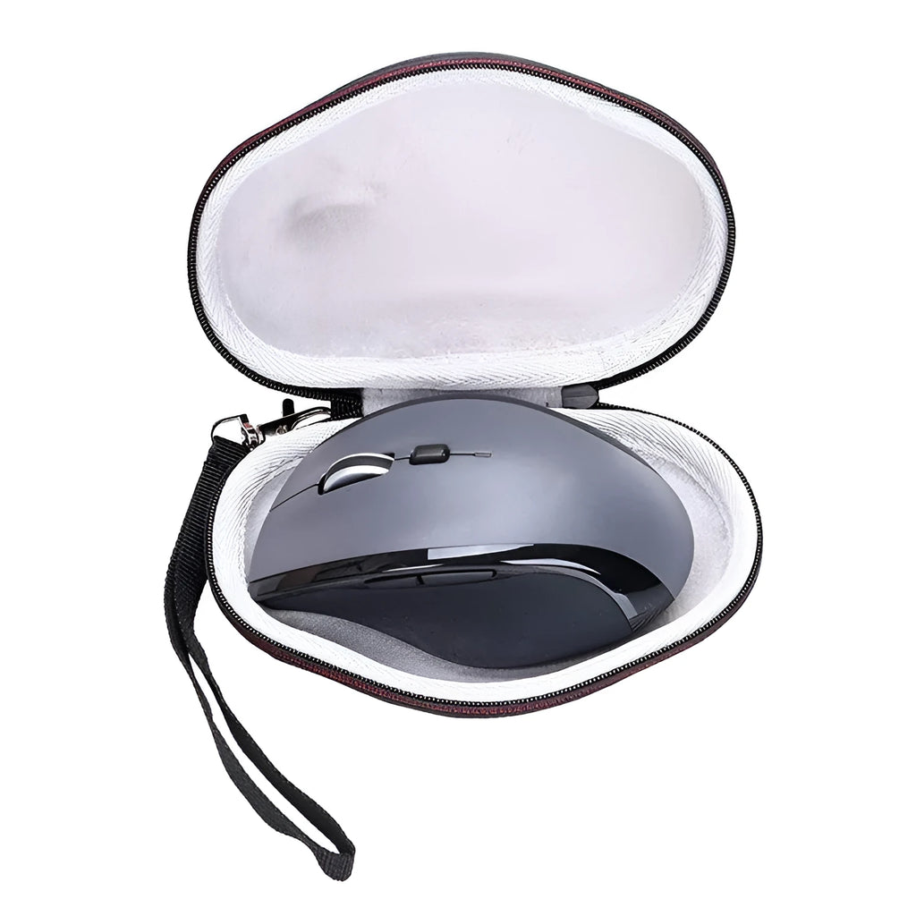 Black nylon protective case for Logitech M720 mouse with grey internal lining and thermal transfer detailing