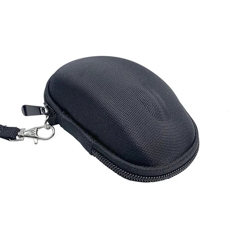 Black nylon protective case for Logitech M720 mouse with grey internal lining and thermal transfer detailing