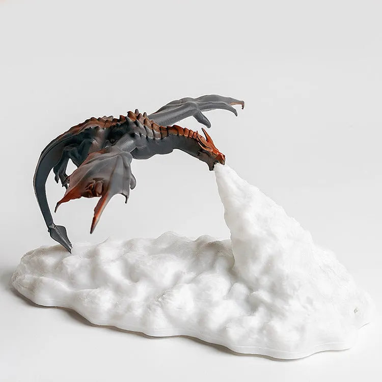 3D printed dragon-shaped night light with glowing red breathing LED effect on a table