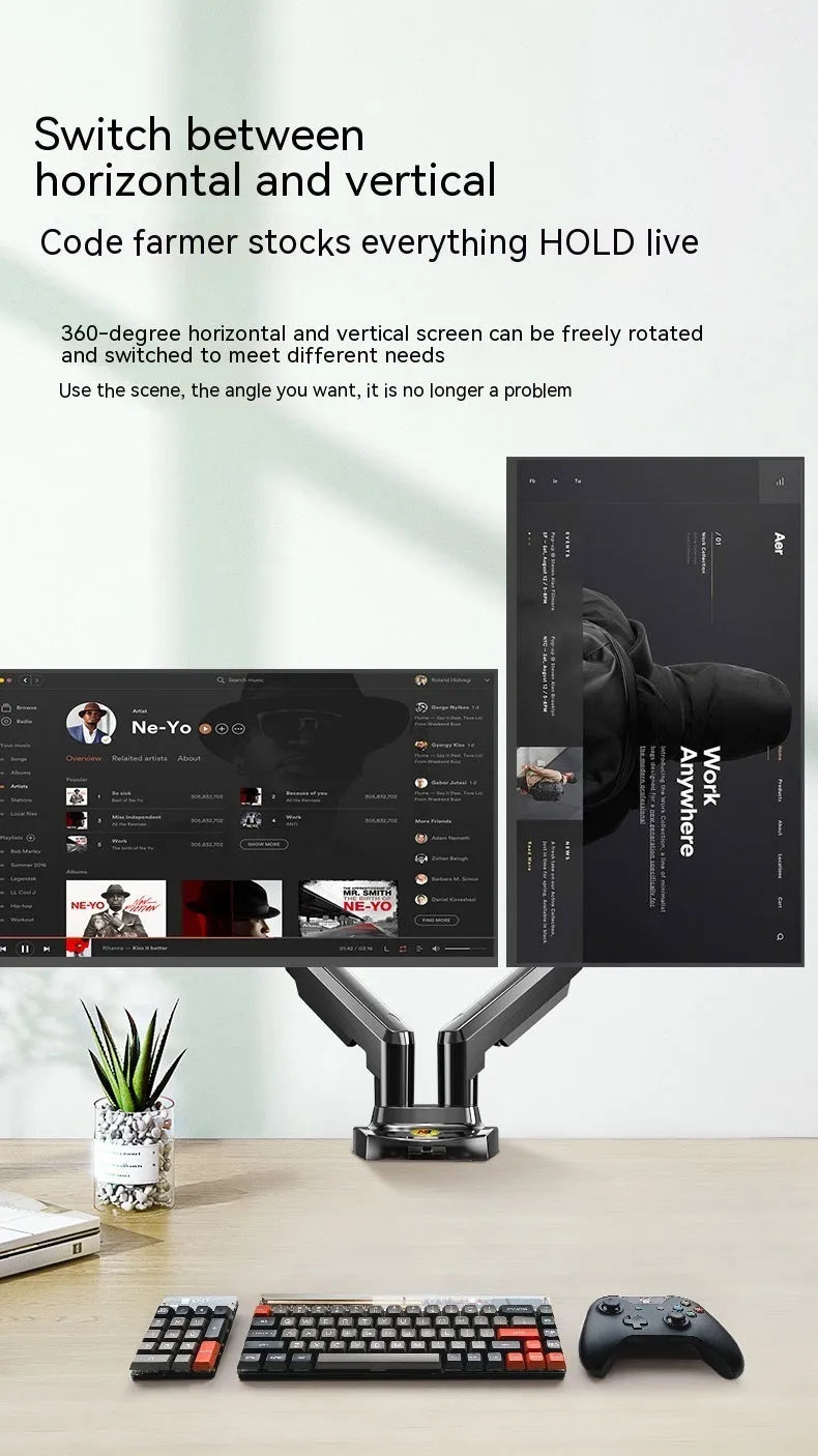 Aluminium and plastic dual screen monitor bracket with lifting mechanism, for VESA 75x75 or 100x100 mm mounts.