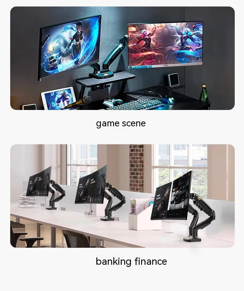 Aluminium and plastic dual screen monitor bracket with lifting mechanism, for VESA 75x75 or 100x100 mm mounts.