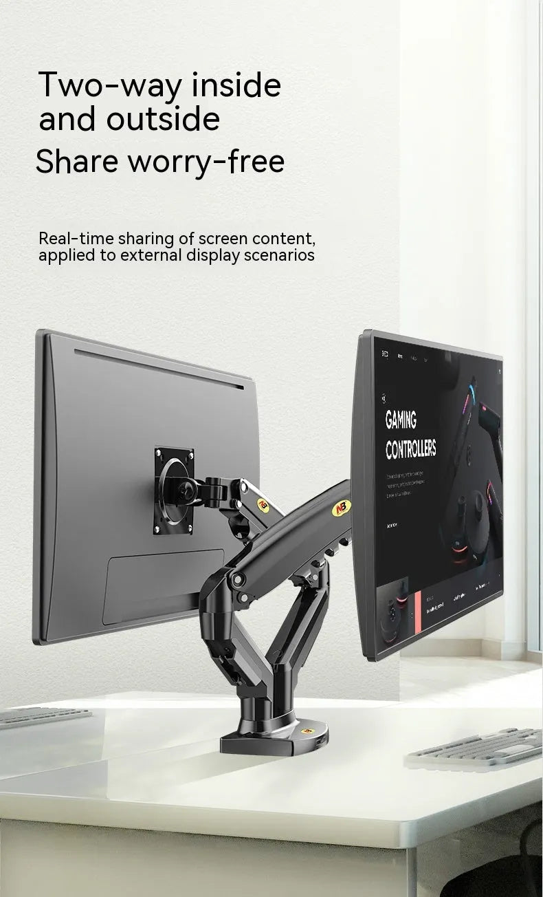 Aluminium and plastic dual screen monitor bracket with lifting mechanism, for VESA 75x75 or 100x100 mm mounts.