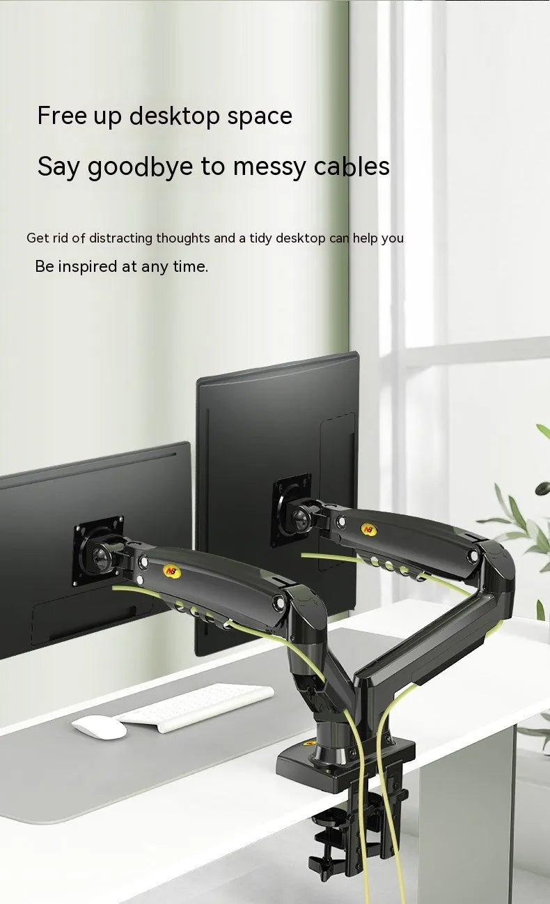 Aluminium and plastic dual screen monitor bracket with lifting mechanism, for VESA 75x75 or 100x100 mm mounts.