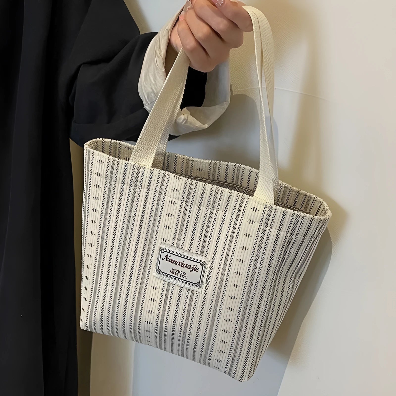 Japanese style corduroy handbag in ivory white, grey, or dark brown with large capacity