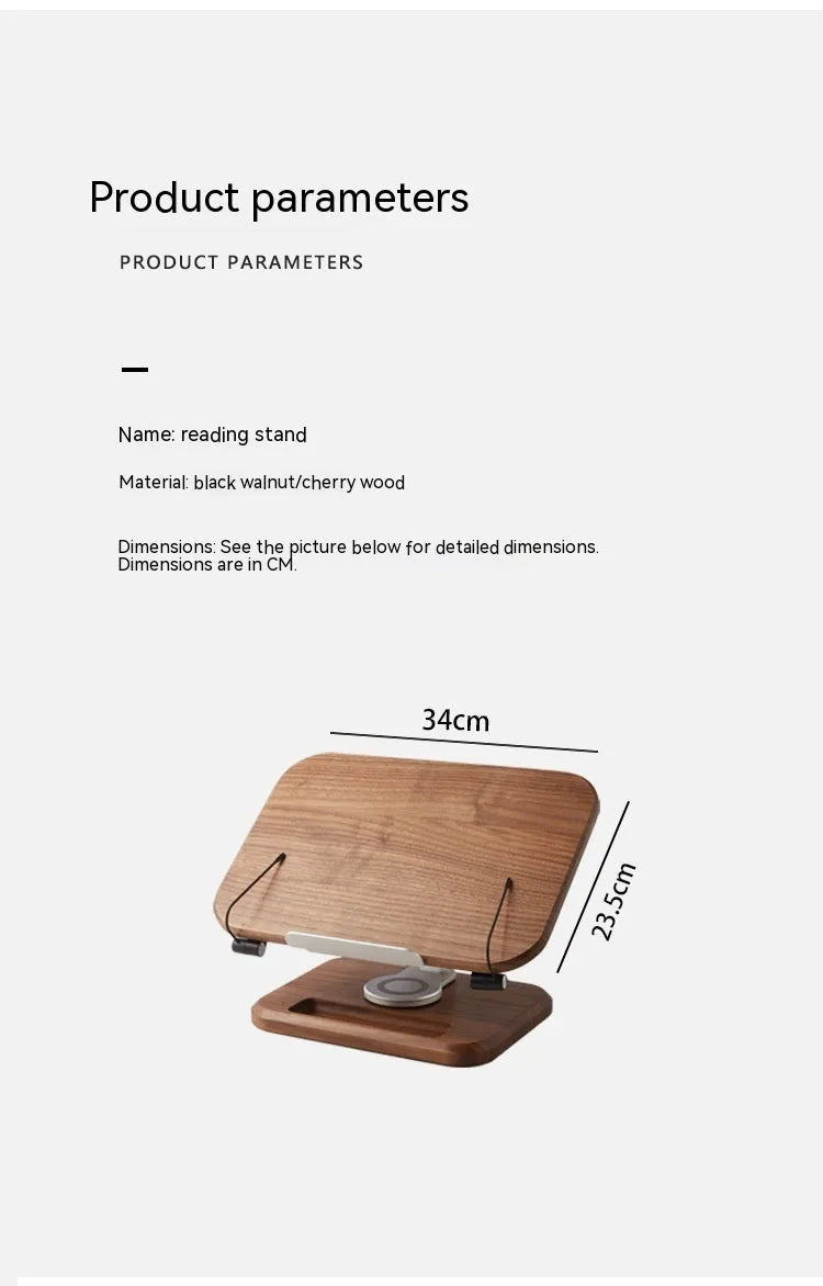 Walnut wood adjustable reading rack holding a book and tablet on rotating mechanism