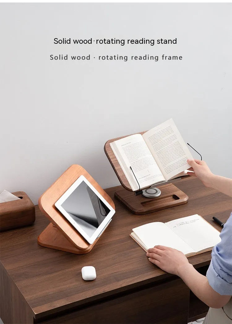 Walnut wood adjustable reading rack holding a book and tablet on rotating mechanism