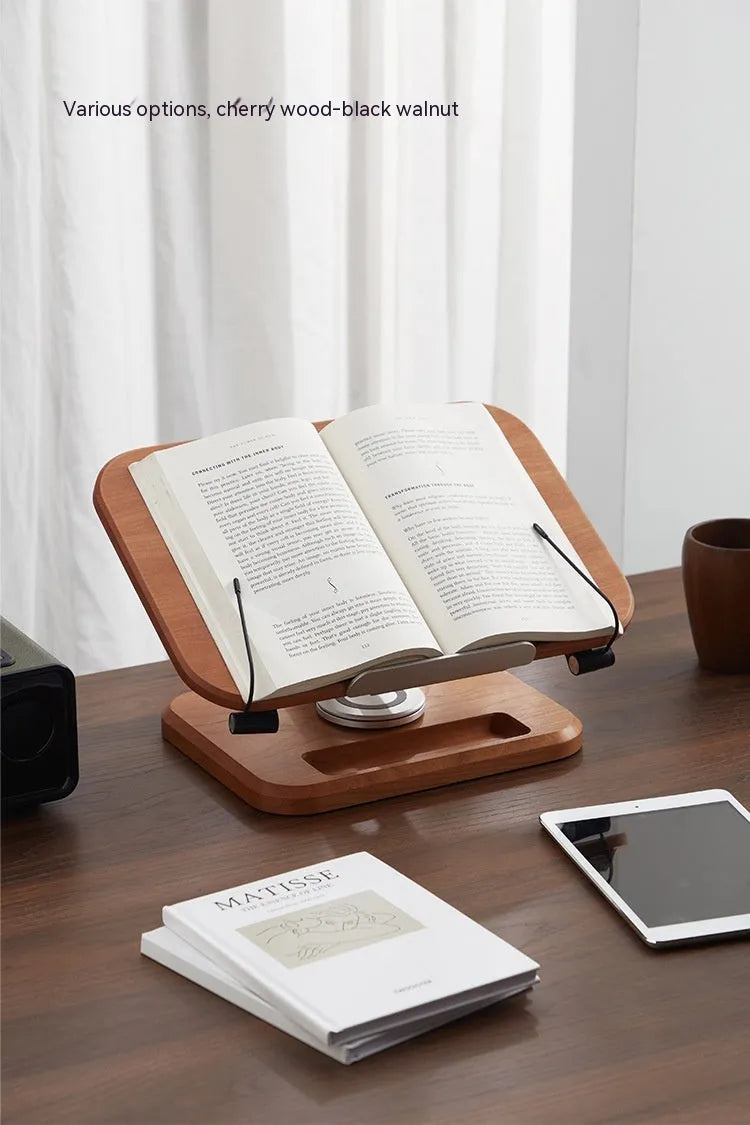 Walnut wood adjustable reading rack holding a book and tablet on rotating mechanism