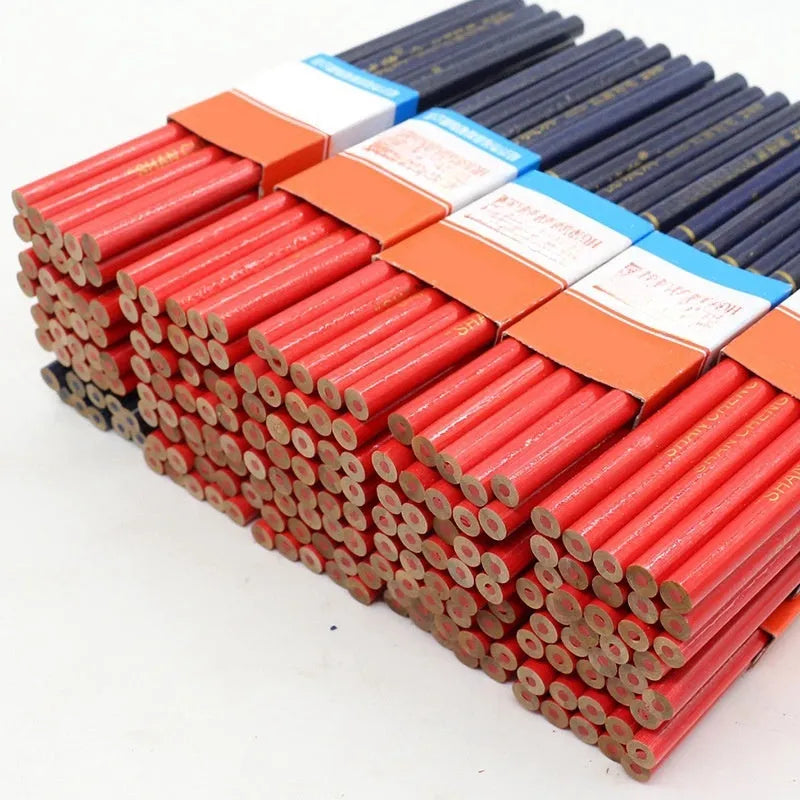 Set of ten red and blue round wooden carpenter's pencils for marking.