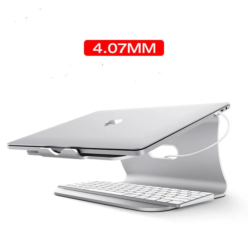 Aluminium laptop cooling bracket with rotating silver base on desk