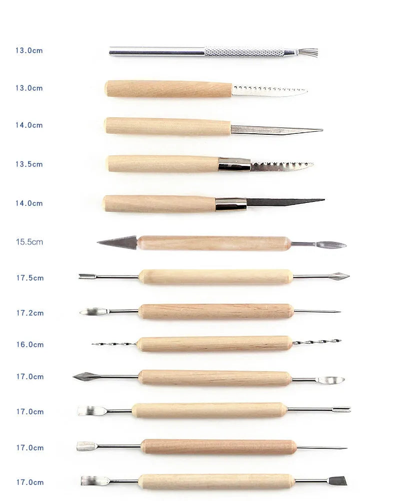 27-piece brown pottery clay tool set with wood, steel, and plastic tools in an OPP storage bag
