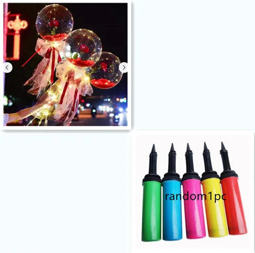 Transparent LED luminous balloon bouquet with artificial rose and glowing light inside, displayed as a DIY kit.