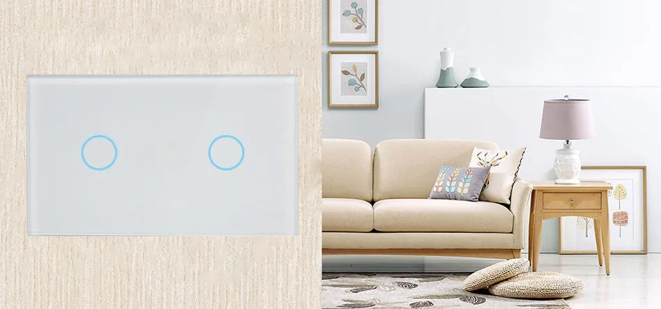 2-gang glass touch light switch with tempered glass panel and RF remote control