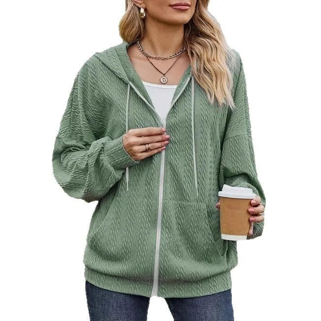 Green women's hooded sweater zipper coat with loose fit casual style