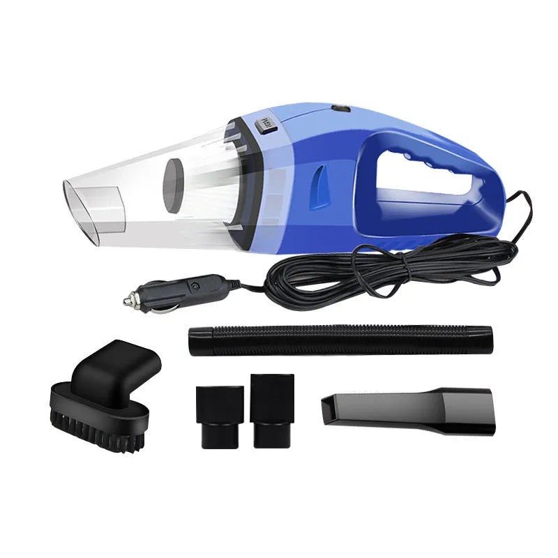 Orange, black, and blue 12V portable handheld car vacuum cleaner with power cord.