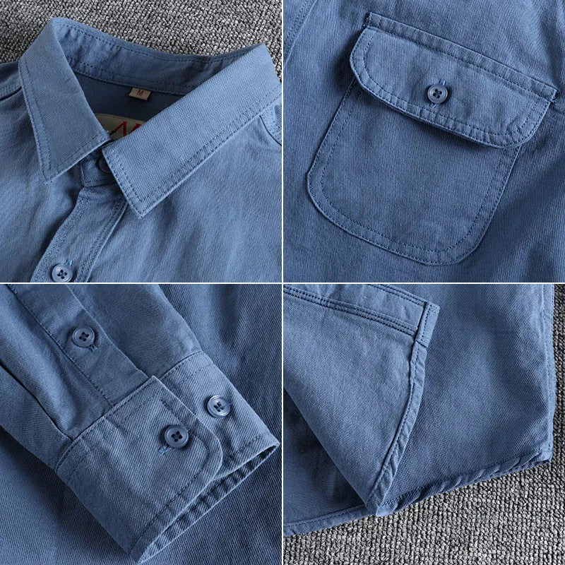 Men's solid colour cotton long sleeve shirt in a cardigan style on a hanger.