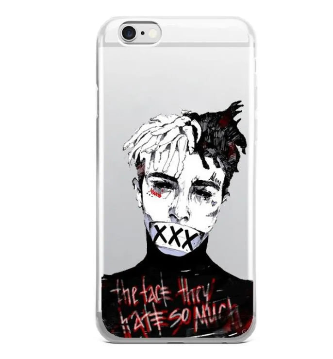 Half-wrapped transparent iPhone case with XXTentacion artwork design showing matte finish texture