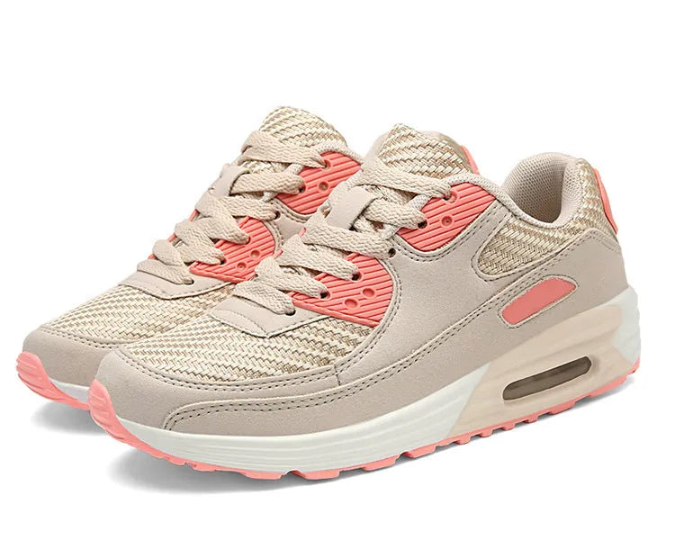 Women's casual low heel shoes in beige orange, grey, and pink purple colour options.