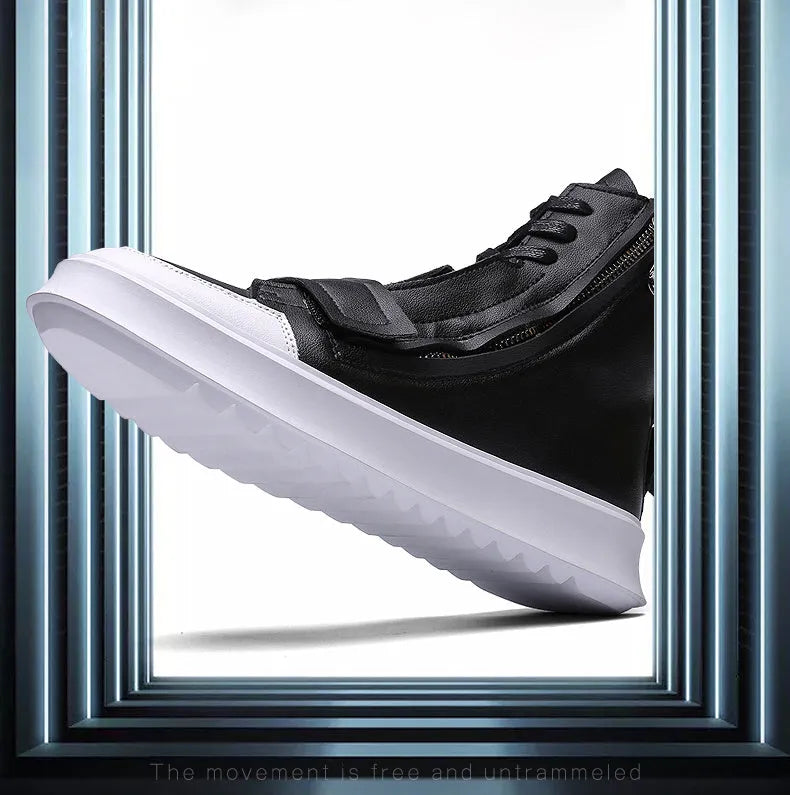 Man wearing black PU leather high-top sneaker style winter ankle boots.