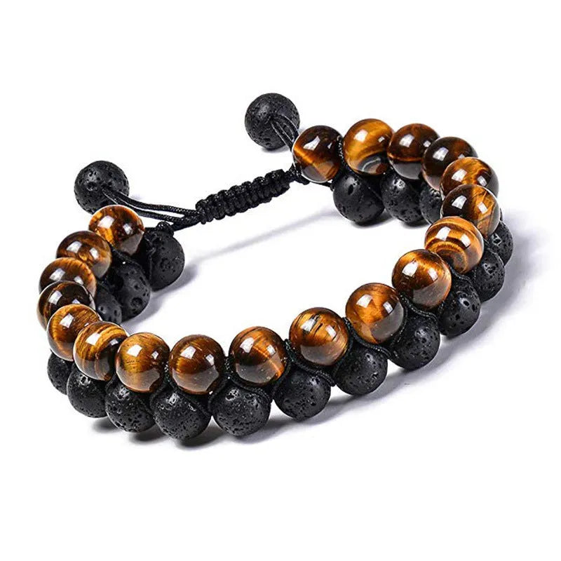 Geometric couple bracelet made of matte black agate beads with a tiger eye stone.