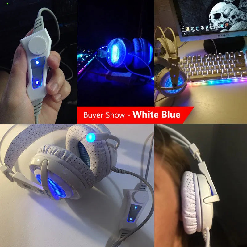Black and white USB gaming headset with LED lights, padded headband, and large ear cushions.