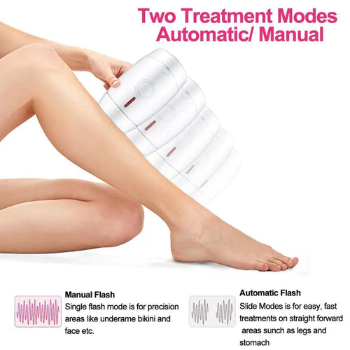 White at-home laser hair removal device with five buttons on a compact handheld body.
