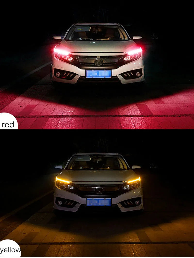 Universal car LED daytime running light strip with flowing turn signal on a vehicle headlight.
