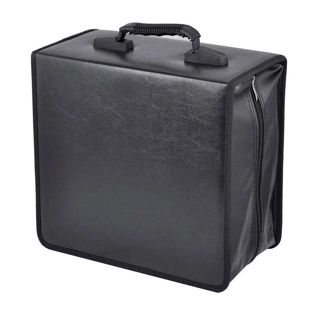 Black Oxford cloth CD DVD storage binder organiser with zipper and top hand strap.