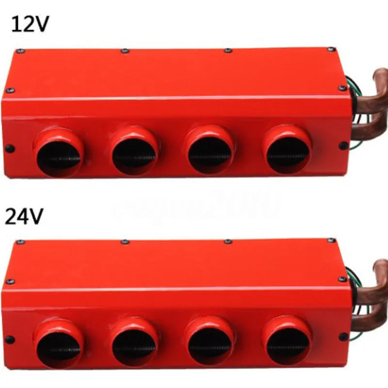 Metal car heater unit with copper pipe radiator for 12V and 24V vehicle installation.