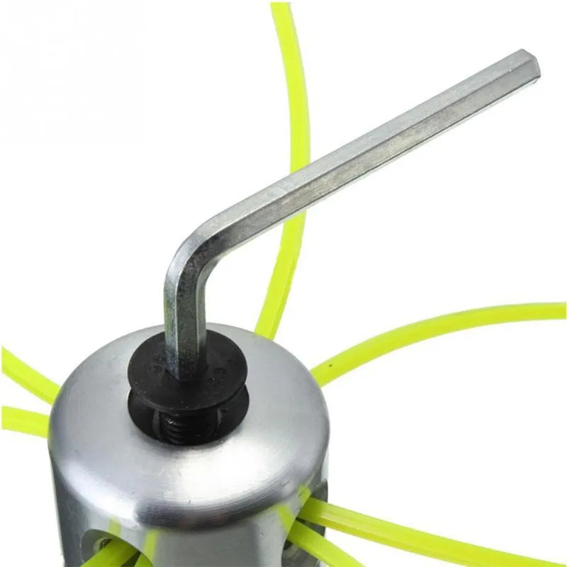 Silver aluminium lawn mower grass head accessory with four light yellow square grass ropes and installation tools