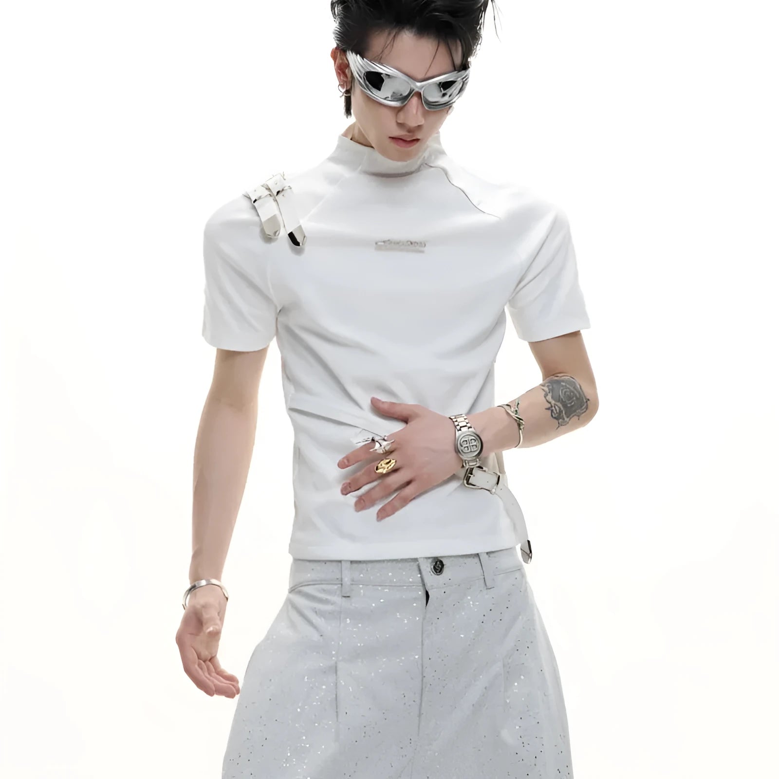 Men's black slim fit short sleeve t-shirt with a stand-up collar and metal belt design detail.