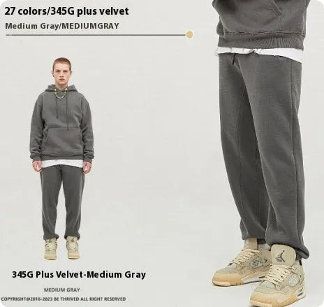 Men's solid colour velvet sweatpants with ankle banding in mid waist design