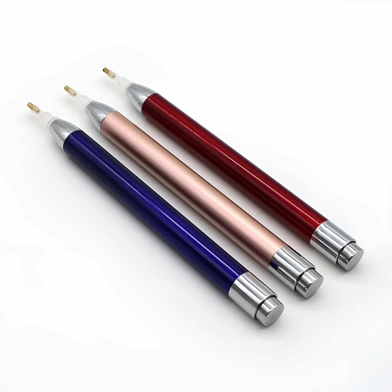 Luminous diamond painting drill pen with aluminium alloy construction and metal frame in blue, gold, or red colours